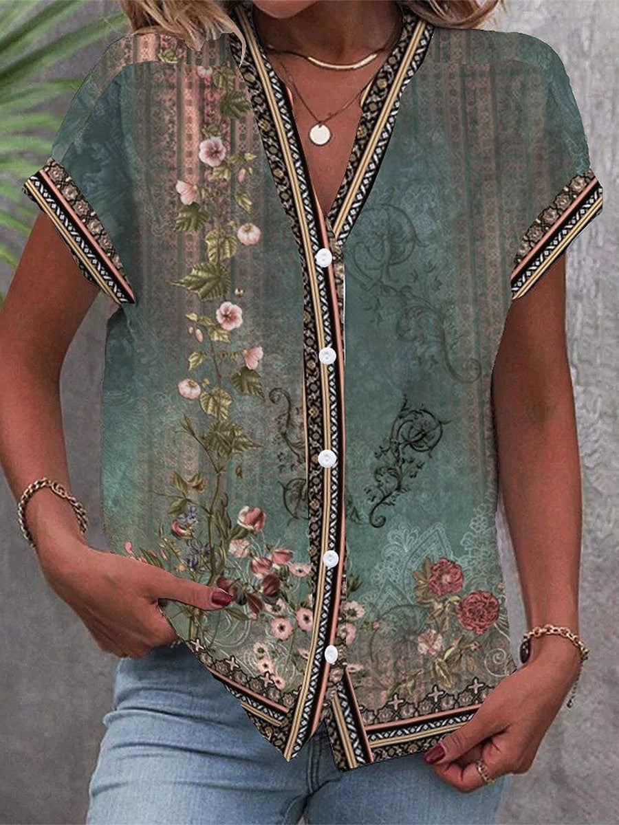 Vera™ | Women's Vintage Floral Print V-Neck Button-Down Blouse