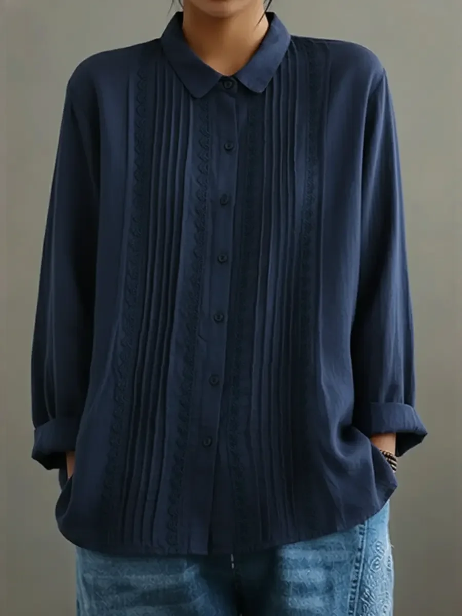 Claire™ | Women's Lace Trim Button-Up Long Sleeve Blouse