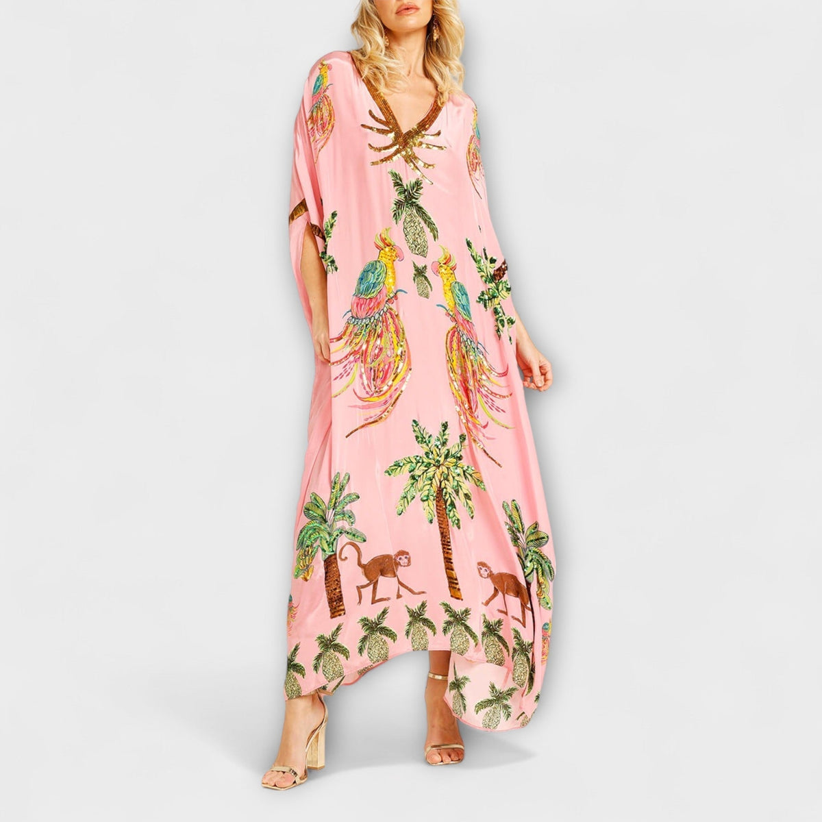 Style200™ | Linda - Chic Asymmetrical Shoulder Dress with Tropical Coconut Tree Design