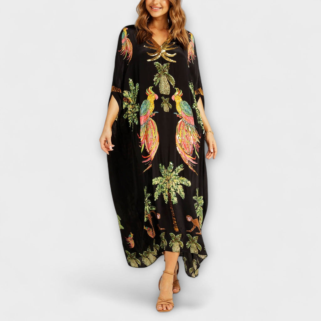 Style200™ | Linda - Chic Asymmetrical Shoulder Dress with Tropical Coconut Tree Design