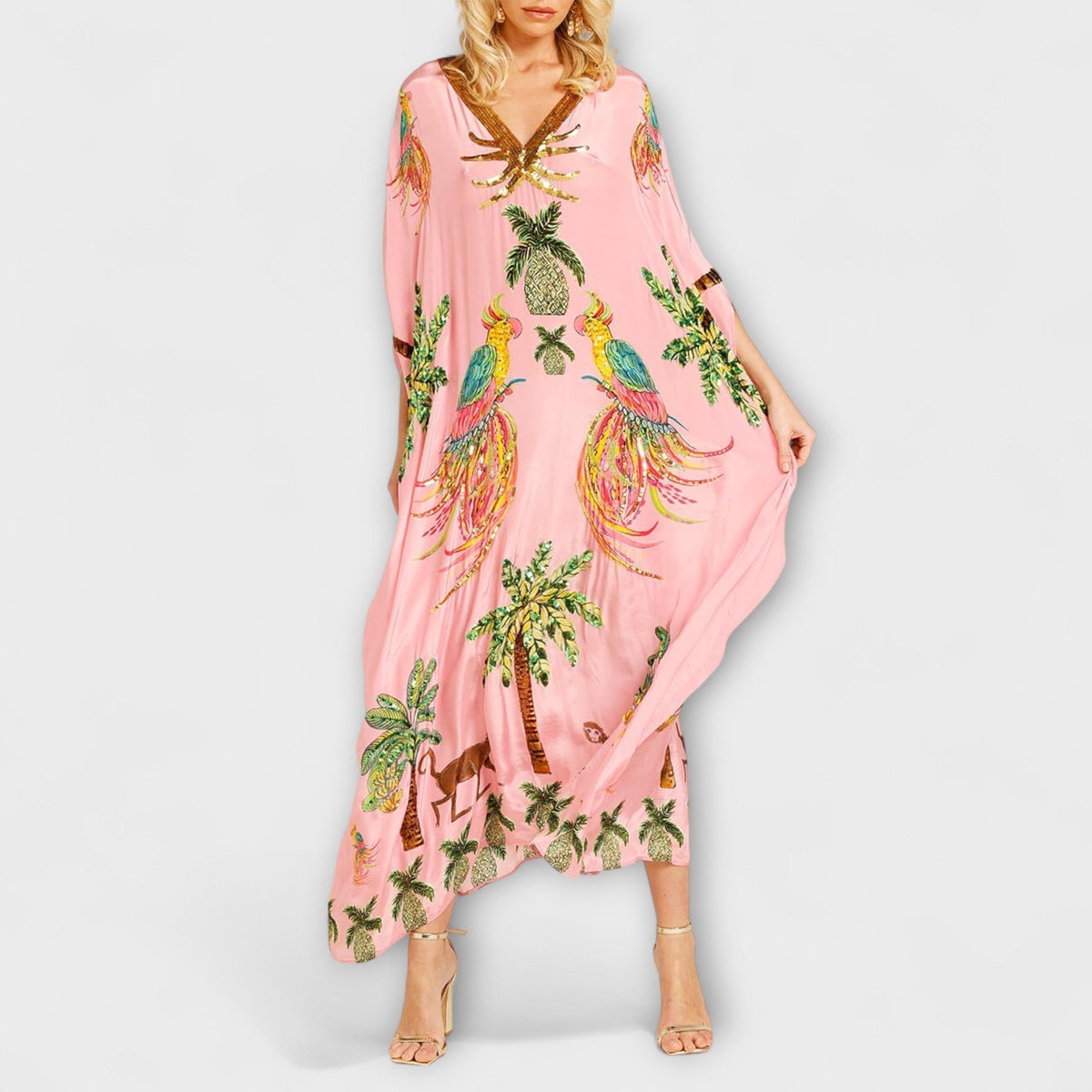 Style200™ | Linda - Chic Asymmetrical Shoulder Dress with Tropical Coconut Tree Design
