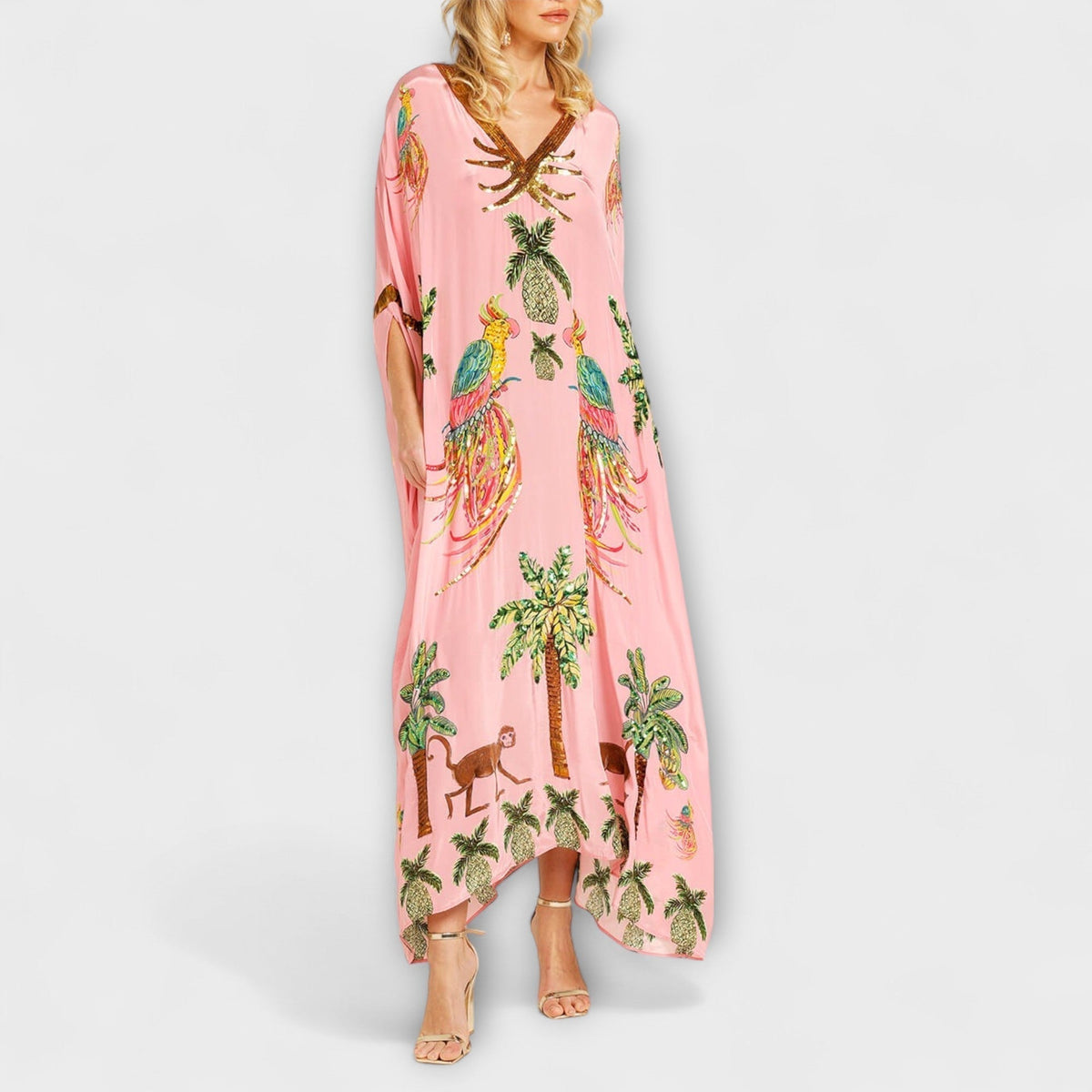 Style200™ | Linda - Chic Asymmetrical Shoulder Dress with Tropical Coconut Tree Design