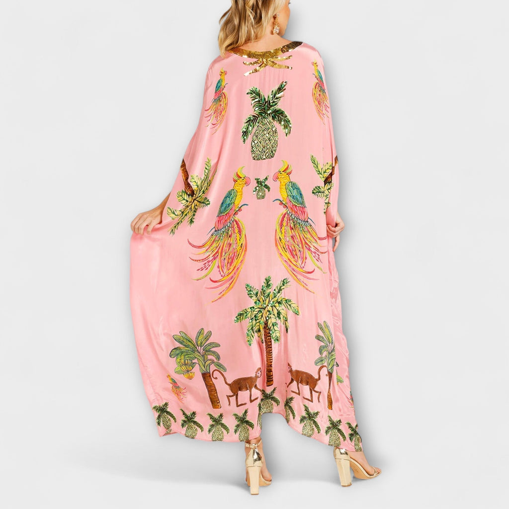 Style200™ | Linda - Chic Asymmetrical Shoulder Dress with Tropical Coconut Tree Design