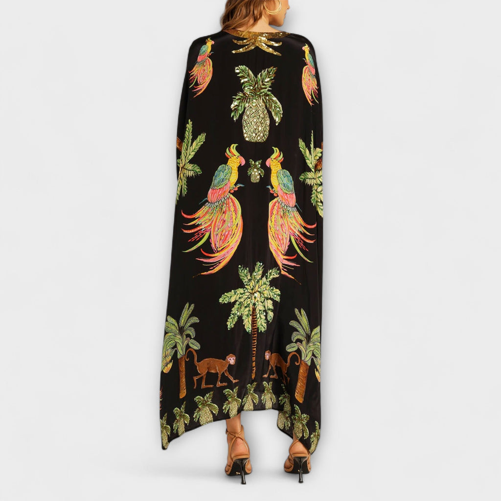 Style200™ | Linda - Chic Asymmetrical Shoulder Dress with Tropical Coconut Tree Design