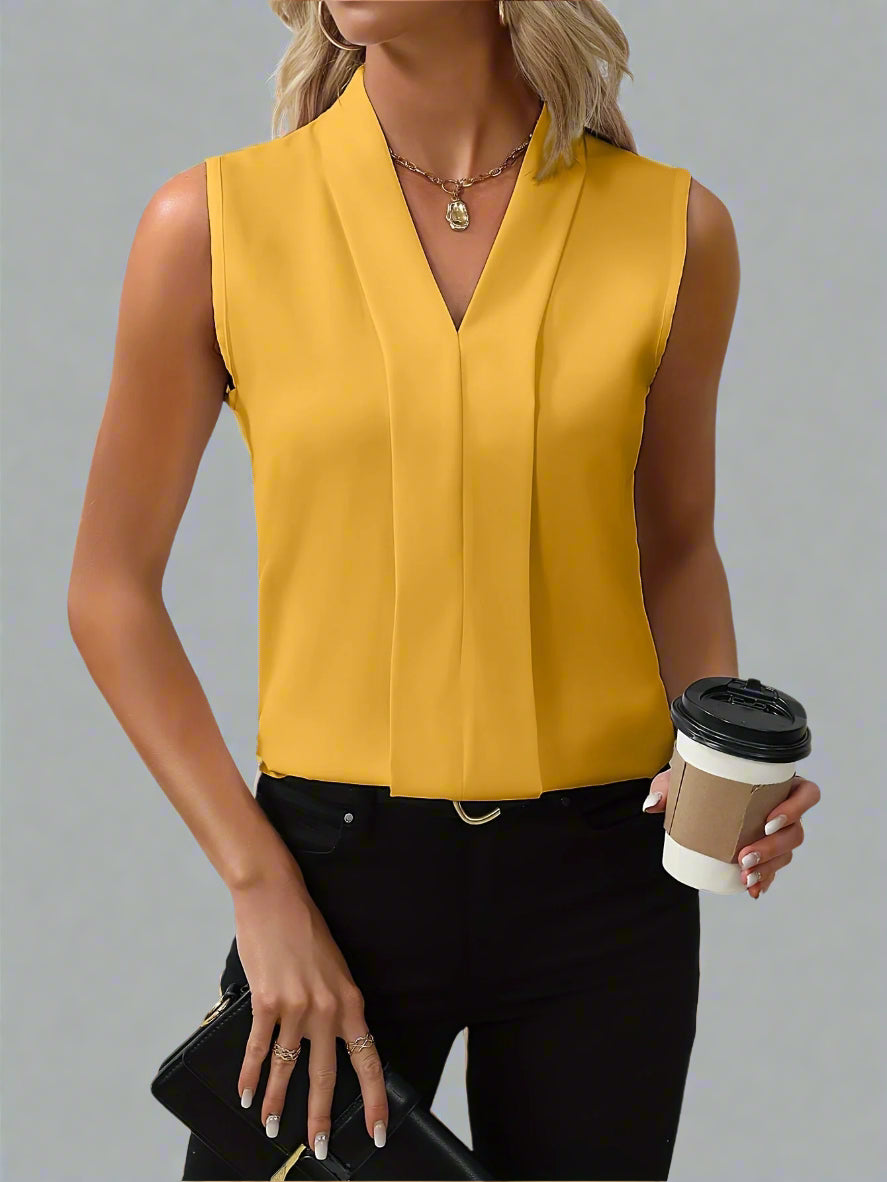 Claire™ | Women's V-Neck Sleeveless Pleated Front Blouse Top