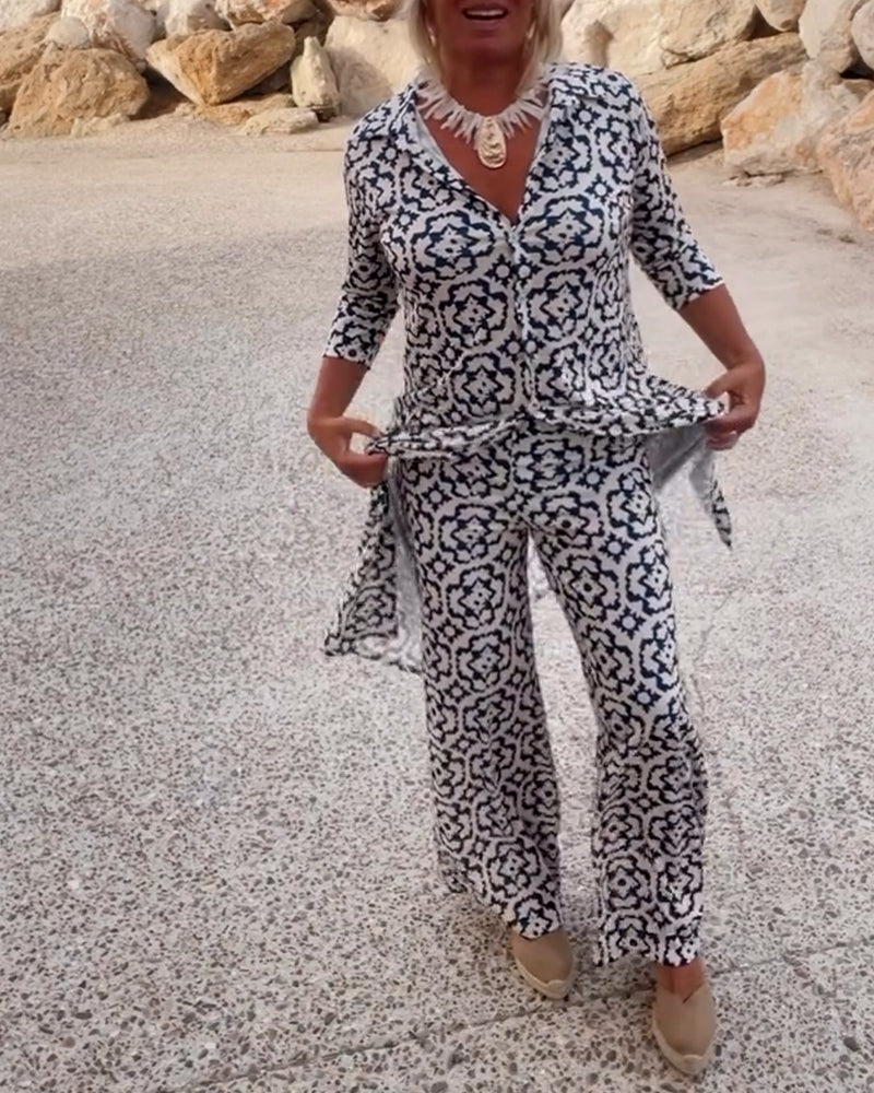 Mosa™ | Women's Printed Two Piece Set Longline Shirt Straight Pants