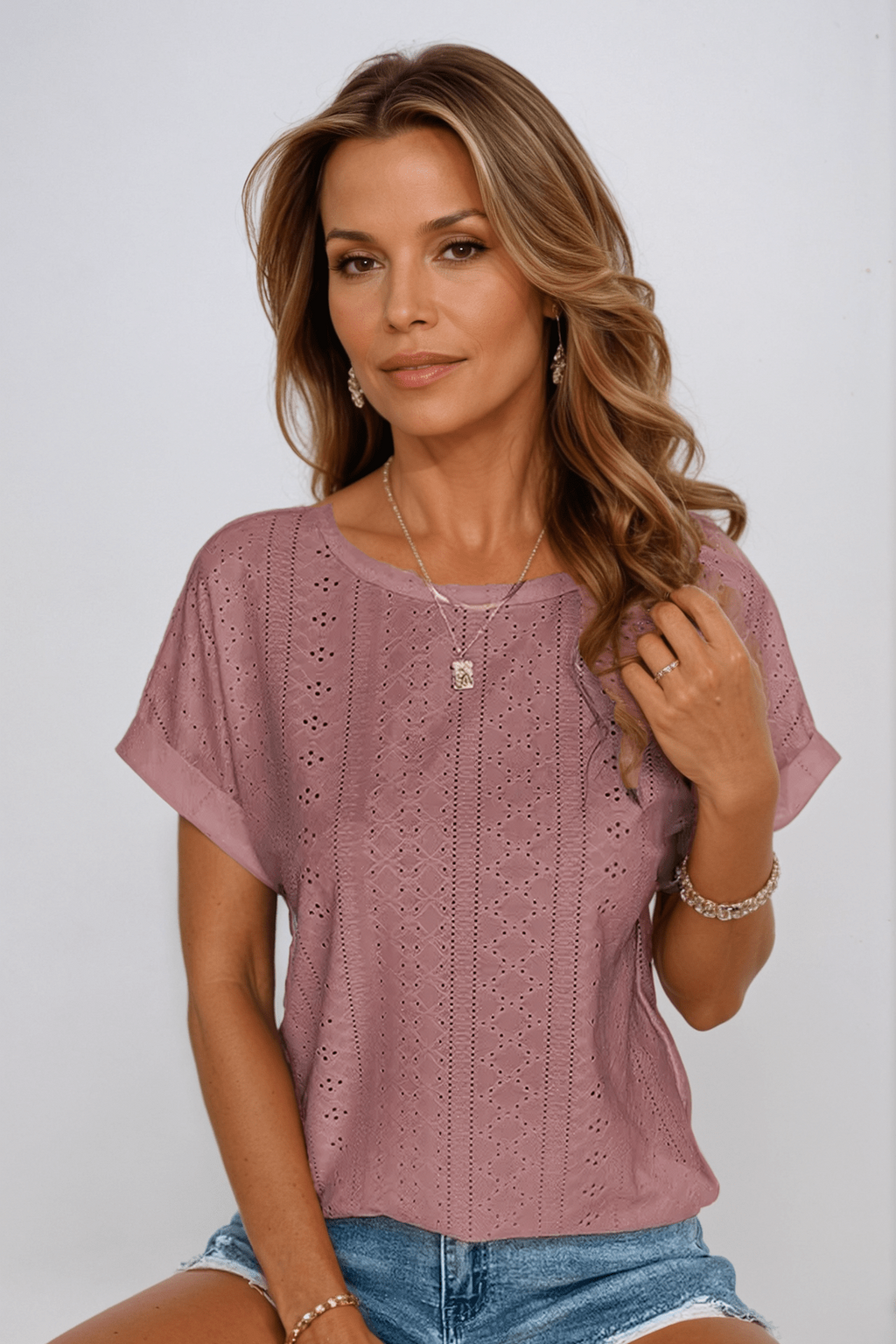 Pearl™ | Women's Eyelet Embroidered Crew Neck Short Sleeve Top