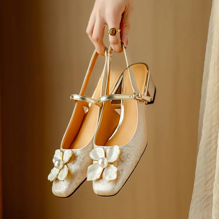 Isabeau™ | Women's Floral Mary Jane Pumps Block Heel Jacquard Strap