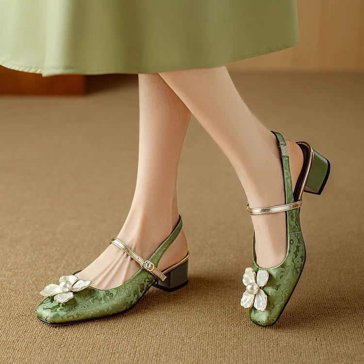 Florine™ | Women's Floral Slingback Pumps Square Toe Block Heel Shoes