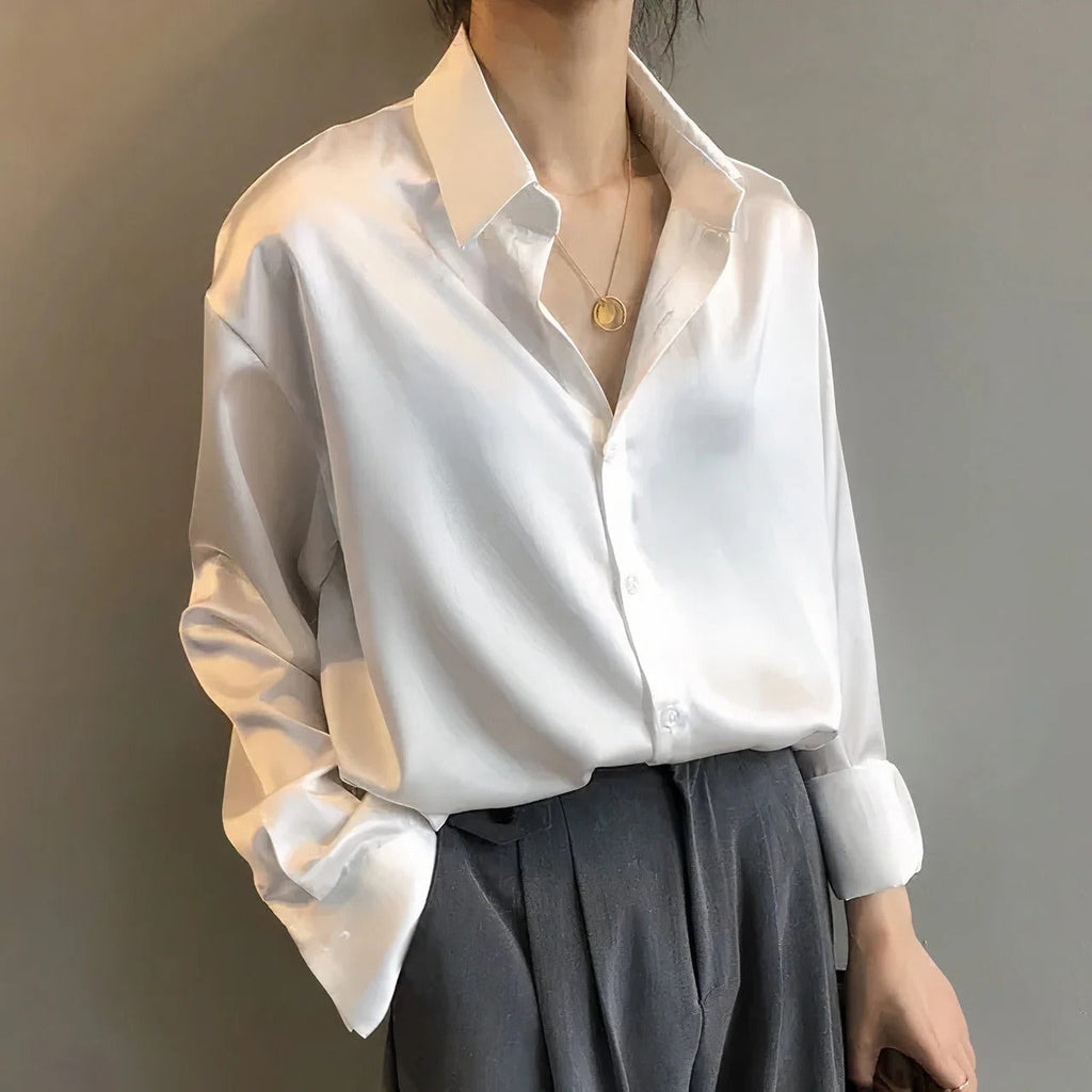 Sage™ | Women's Satin Button-Down Blouse Long Sleeve Collar Shirt