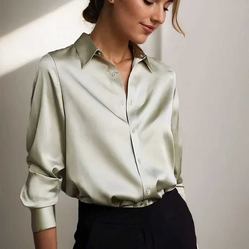 Sage™ | Women's Satin Button-Down Blouse Long Sleeve Collar Shirt