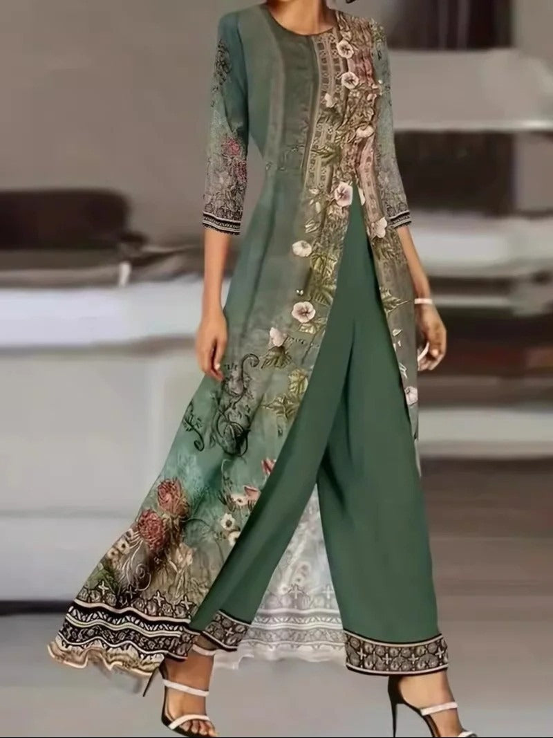 Jade™ | Women's Floral Print Two-Piece Set Long Top & Wide Leg Pants