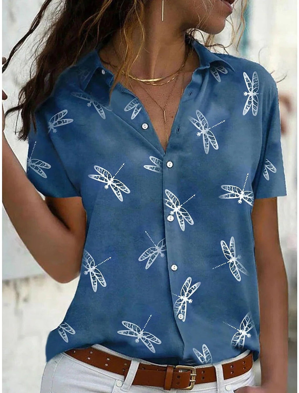 Daisy™ | Women's Dragonfly Print Short Sleeve Button-Down Shirt Top