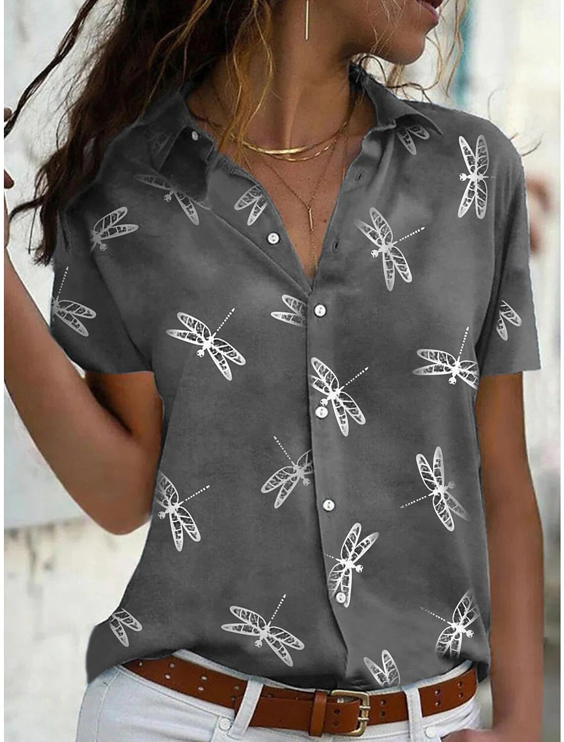 Daisy™ | Women's Dragonfly Print Short Sleeve Button-Down Shirt Top