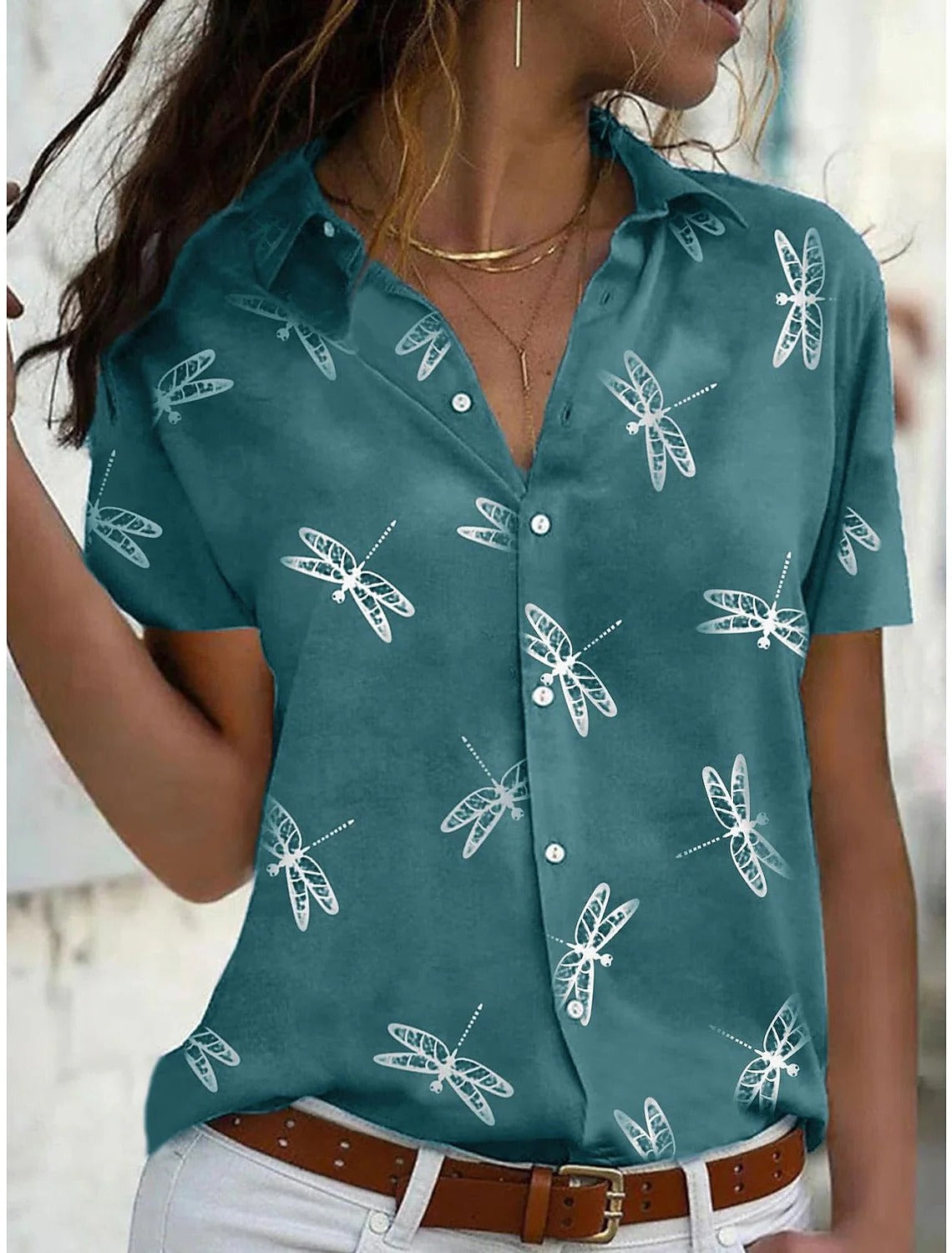 Daisy™ | Women's Dragonfly Print Short Sleeve Button-Down Shirt Top