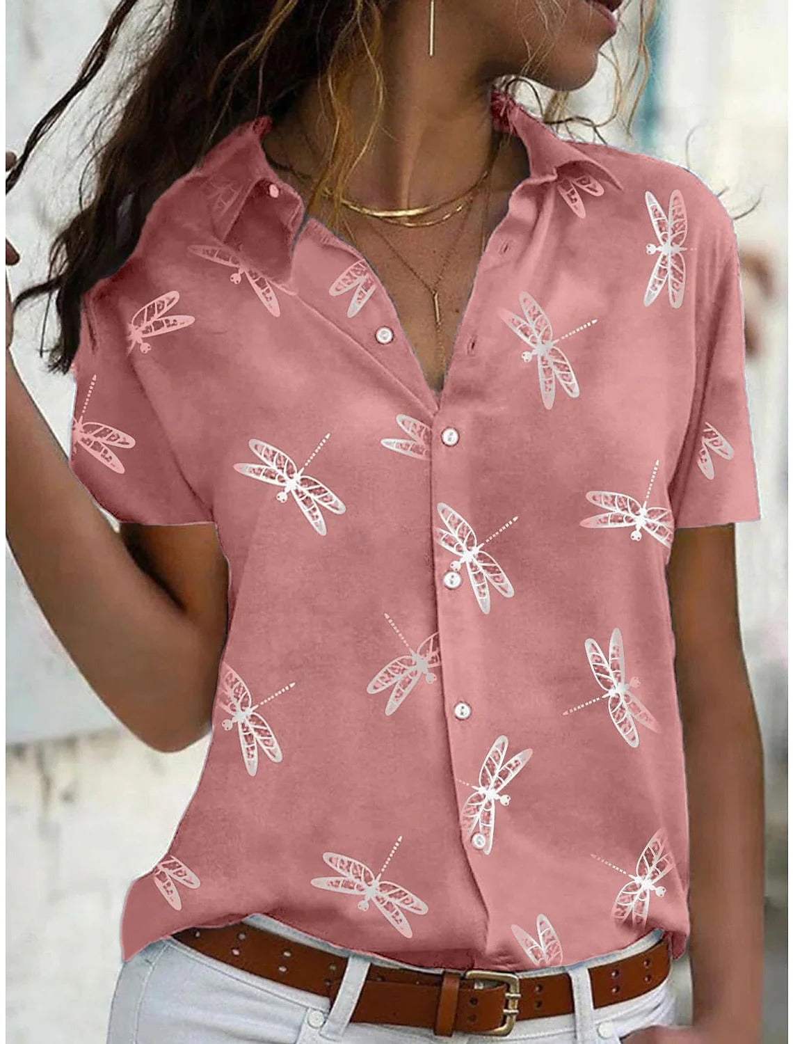Daisy™ | Women's Dragonfly Print Short Sleeve Button-Down Shirt Top