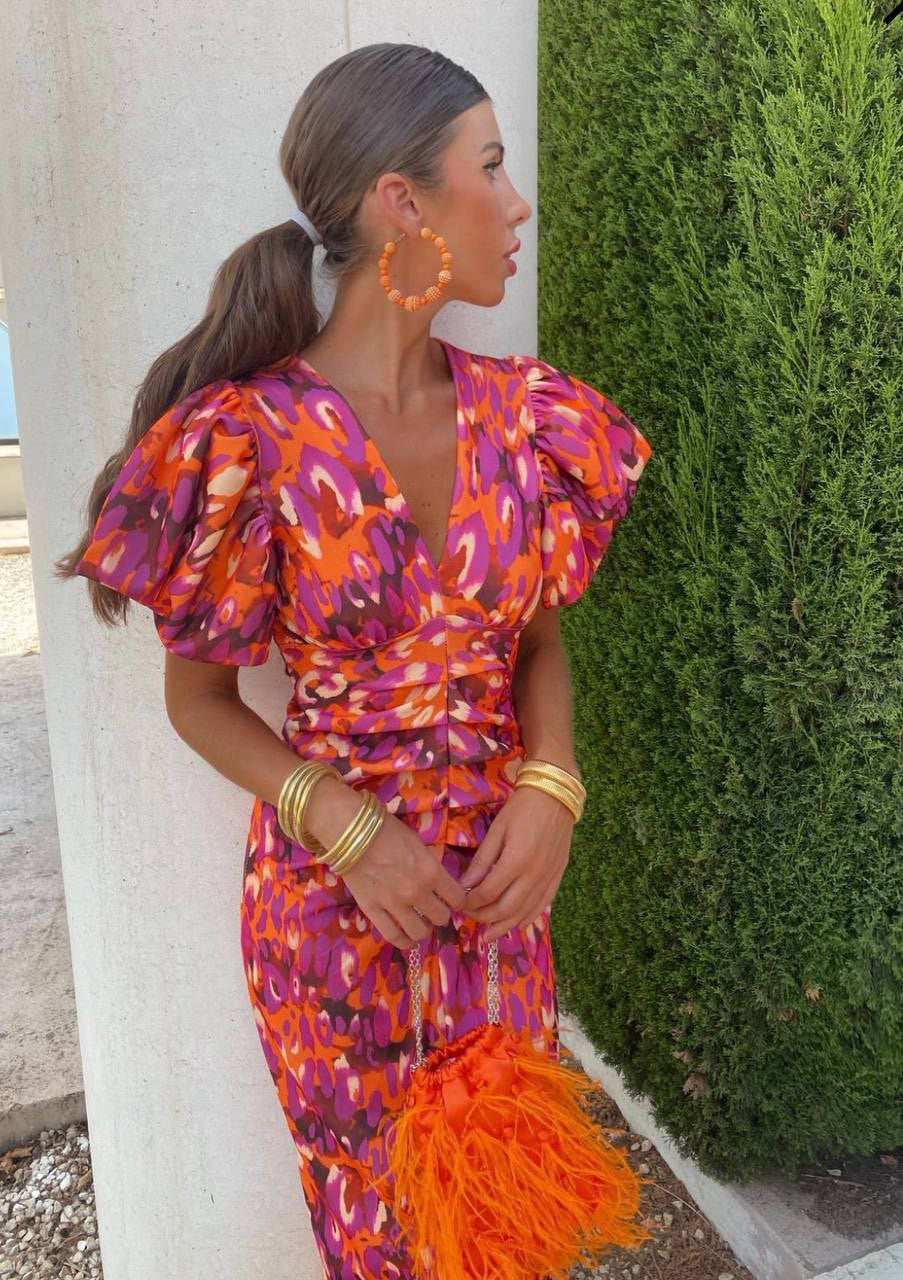 Rose™ | Women’s Summer Printed Puff Sleeve Midi Dress