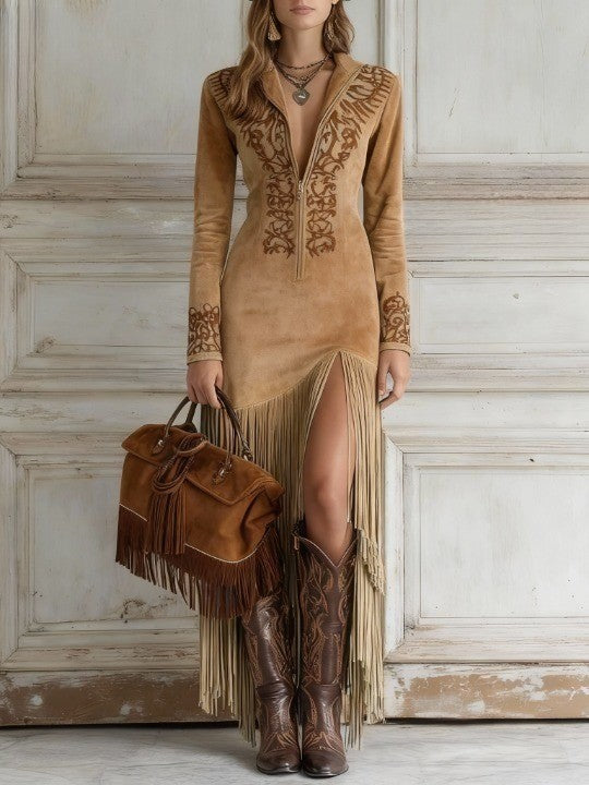 Olivia™ | Women Suede Fringe Summer Maxi Dress
