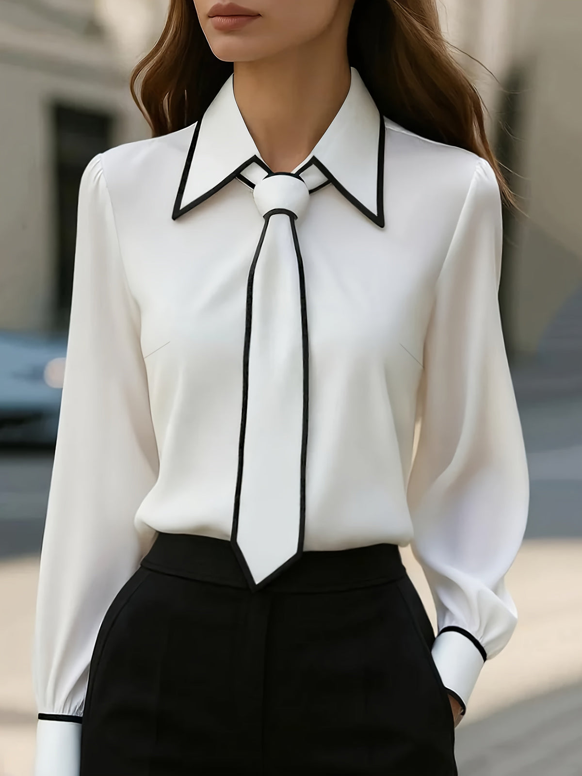 Vivian™ | Women's Long Sleeve Tie Neck Blouse Contrast Collar
