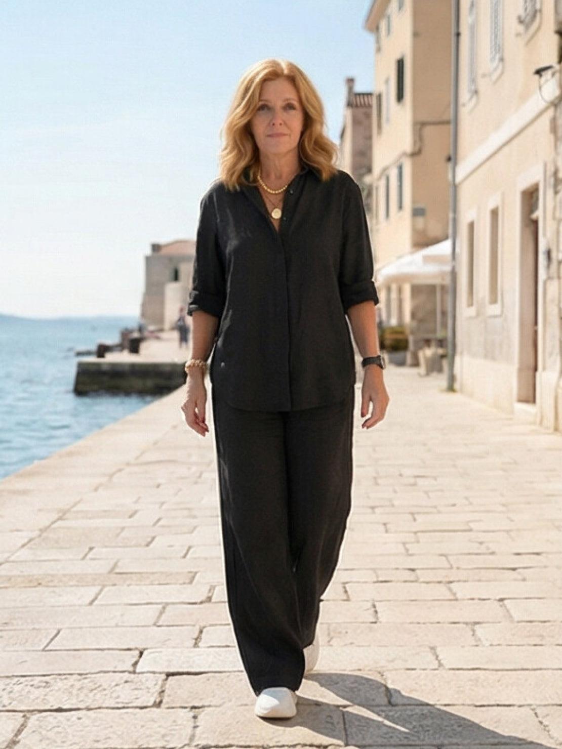 Vivian™ | Women's Casual Button-Down Shirt and Wide-Leg Pants Set