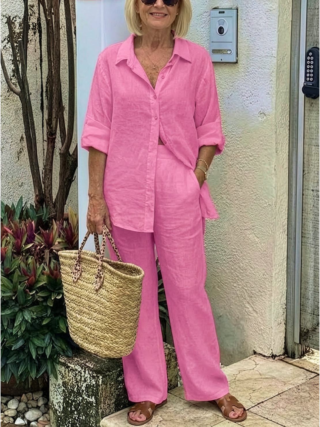 Vivian™ | Women's Casual Button-Down Shirt and Wide-Leg Pants Set