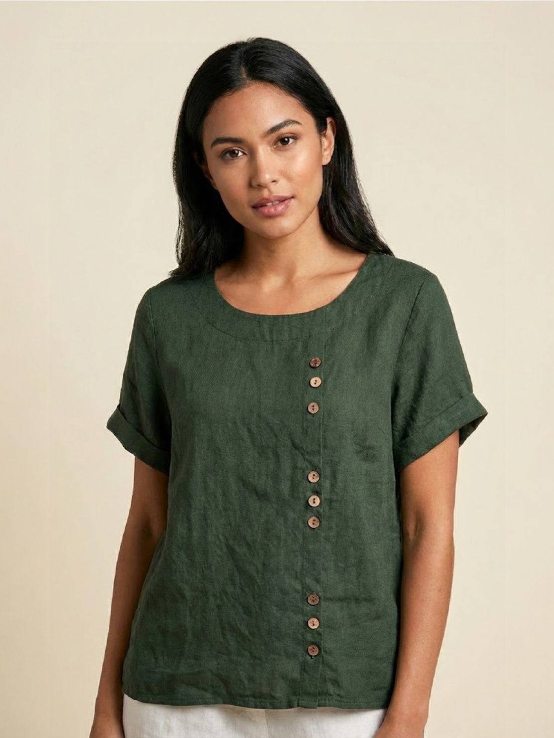 Foreen™ | Women's Casual Scoop Neck Button Detail Short Sleeve Top