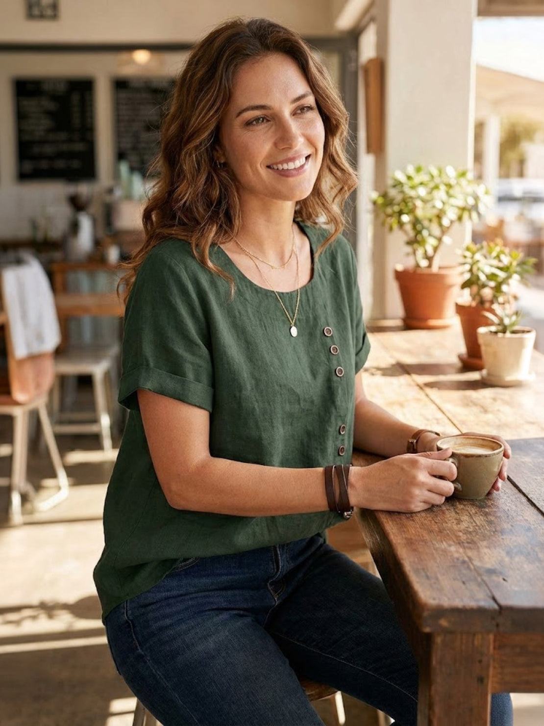 Foreen™ | Women's Casual Scoop Neck Button Detail Short Sleeve Top