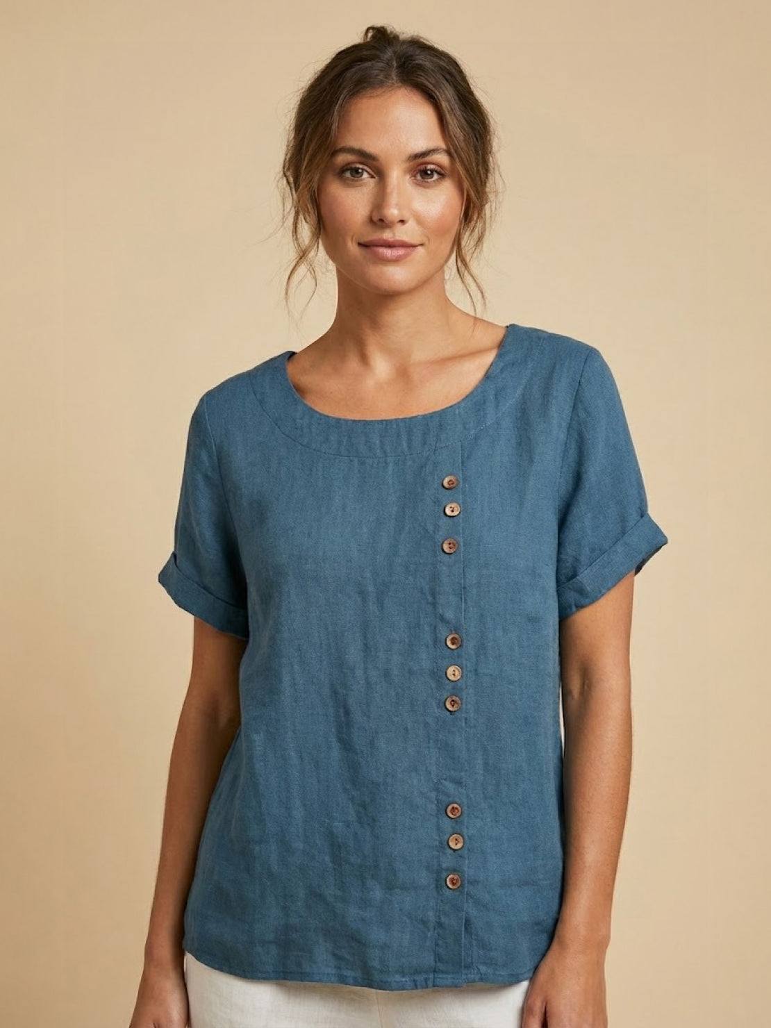 Foreen™ | Women's Casual Scoop Neck Button Detail Short Sleeve Top