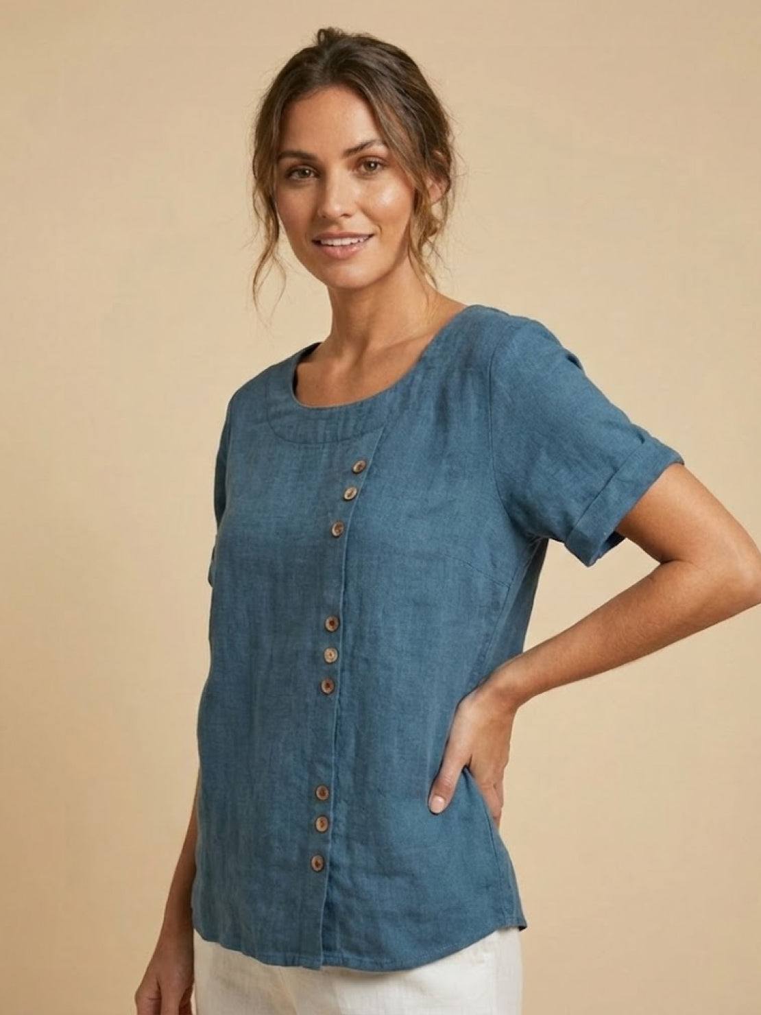 Foreen™ | Women's Casual Scoop Neck Button Detail Short Sleeve Top