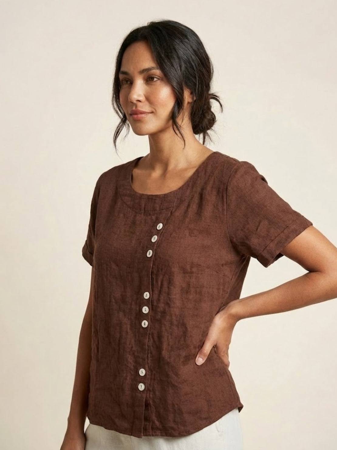Foreen™ | Women's Casual Scoop Neck Button Detail Short Sleeve Top