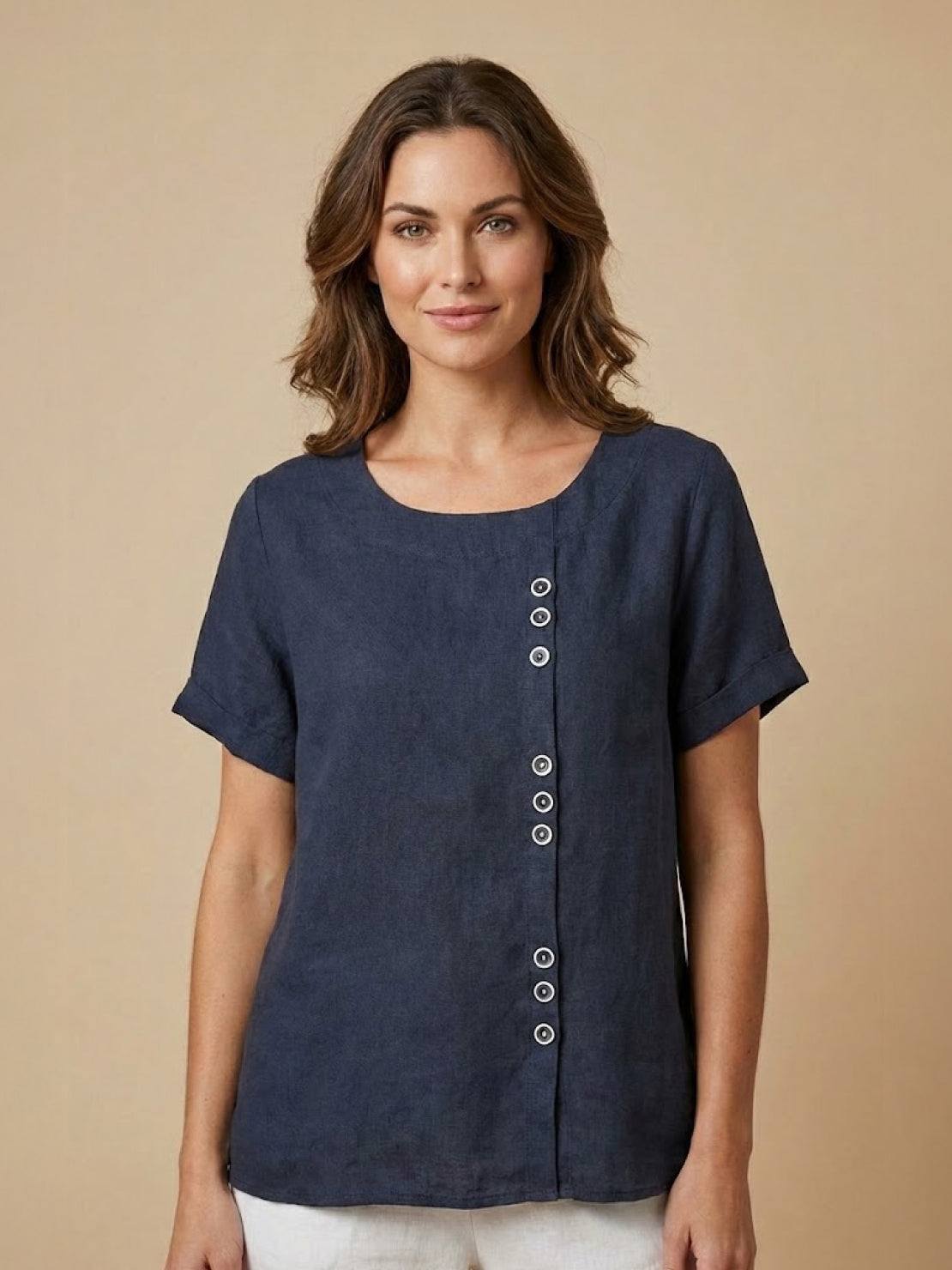 Foreen™ | Women's Casual Scoop Neck Button Detail Short Sleeve Top