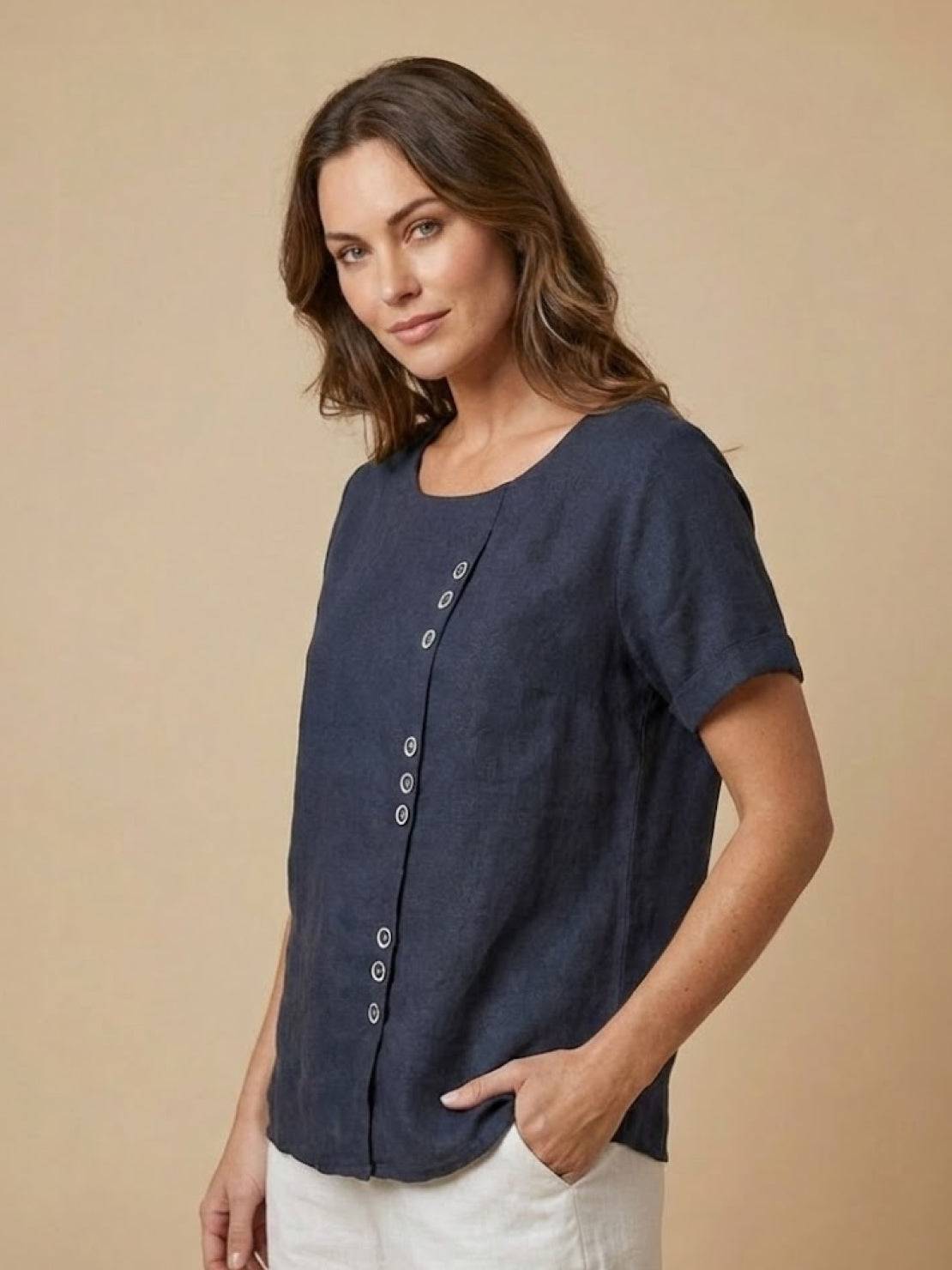 Foreen™ | Women's Casual Scoop Neck Button Detail Short Sleeve Top