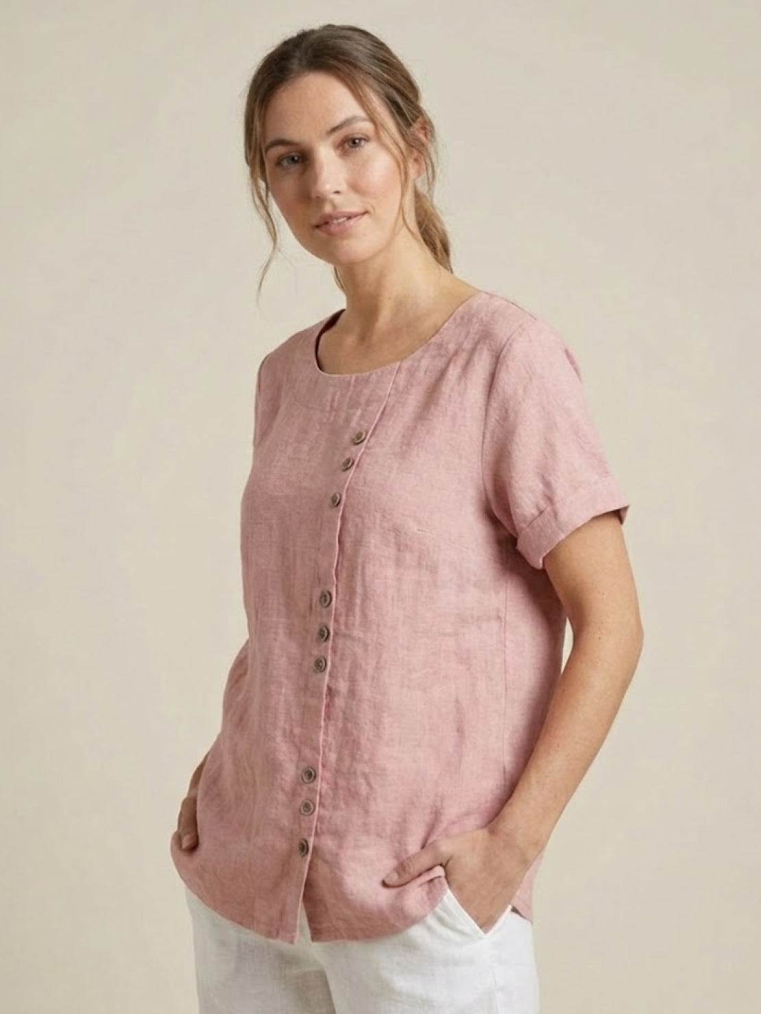 Foreen™ | Women's Casual Scoop Neck Button Detail Short Sleeve Top