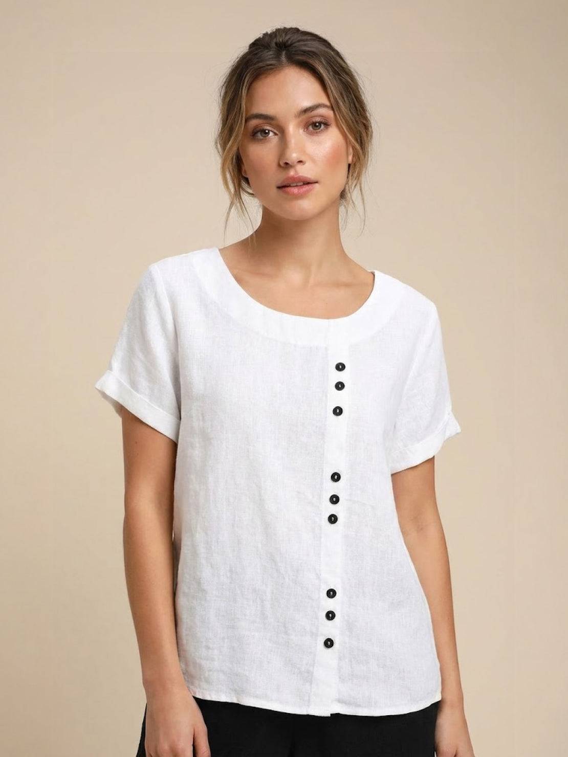 Foreen™ | Women's Casual Scoop Neck Button Detail Short Sleeve Top