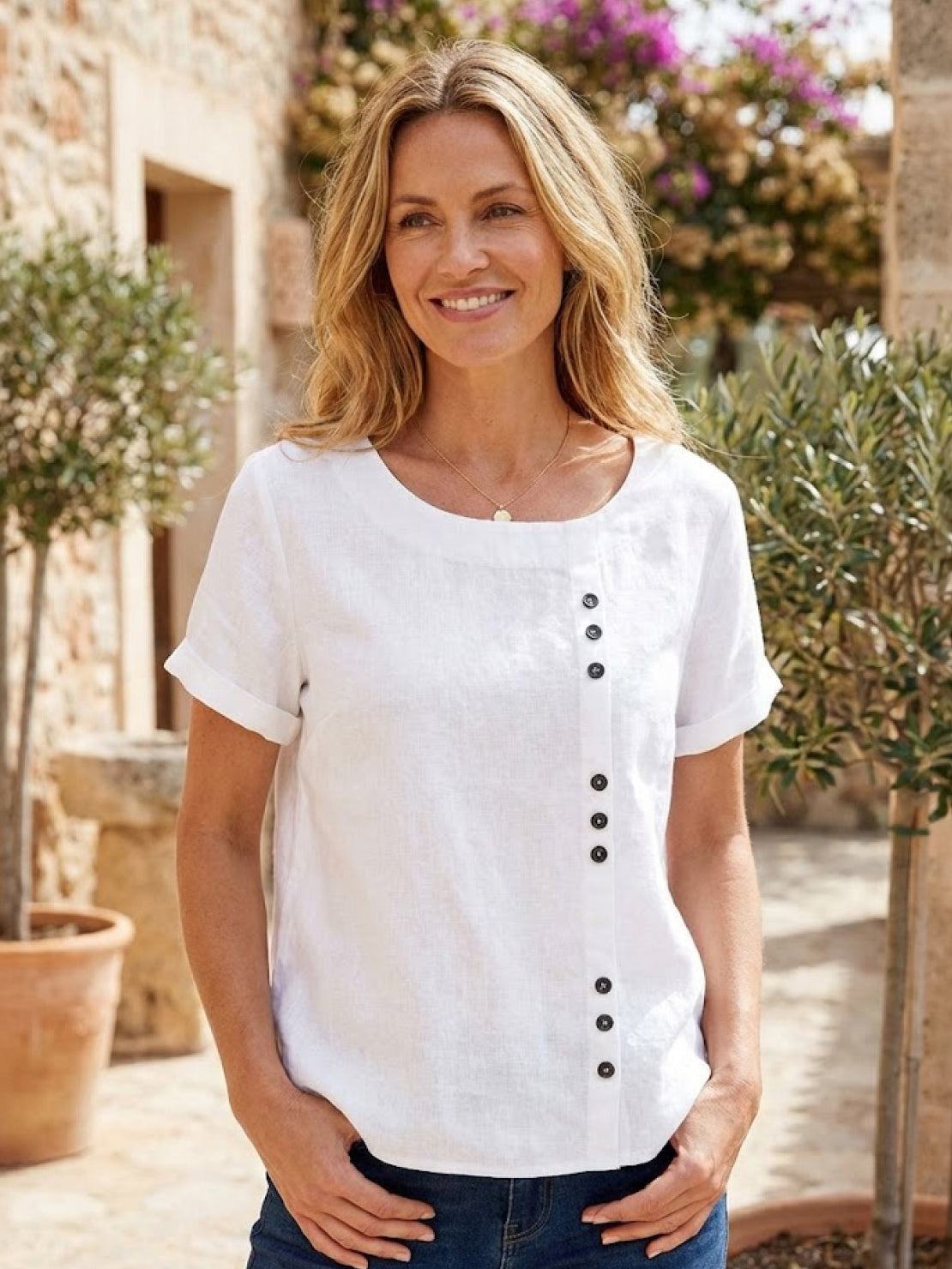 Foreen™ | Women's Casual Scoop Neck Button Detail Short Sleeve Top