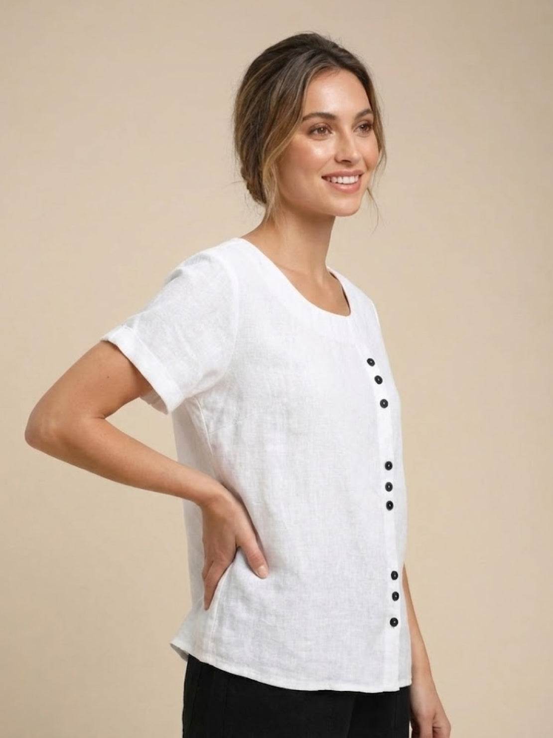 Foreen™ | Women's Casual Scoop Neck Button Detail Short Sleeve Top