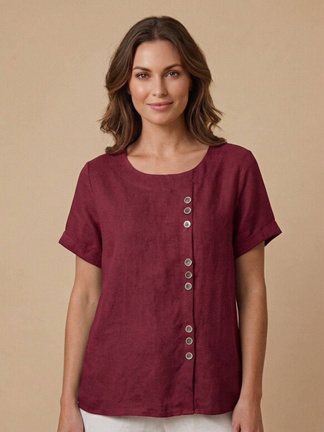 Foreen™ | Women's Casual Scoop Neck Button Detail Short Sleeve Top