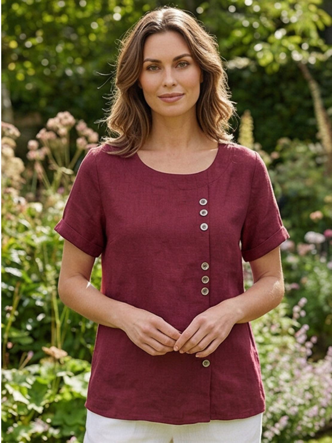 Foreen™ | Women's Casual Scoop Neck Button Detail Short Sleeve Top