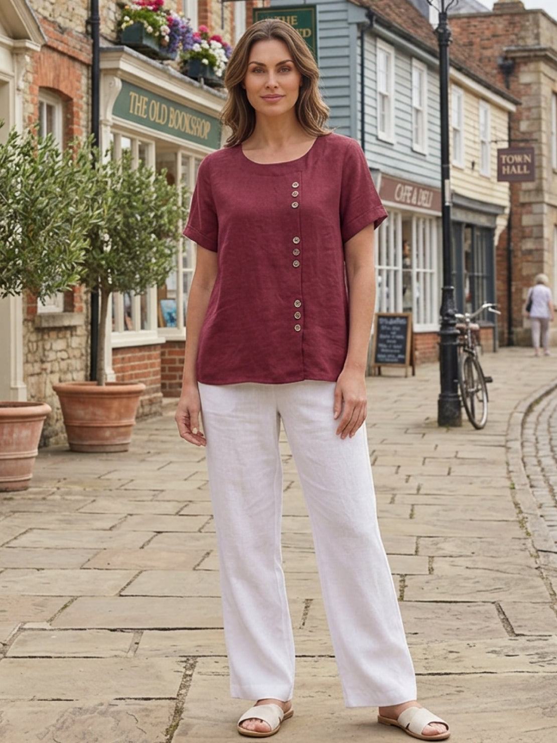 Foreen™ | Women's Casual Scoop Neck Button Detail Short Sleeve Top