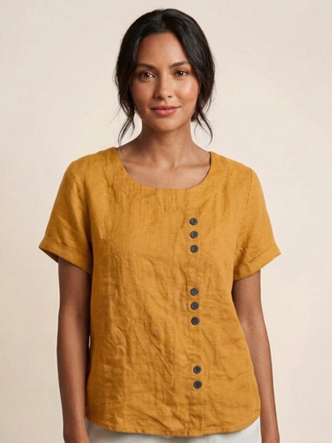 Foreen™ | Women's Casual Scoop Neck Button Detail Short Sleeve Top