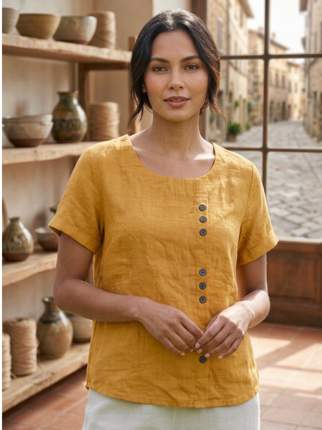 Foreen™ | Women's Casual Scoop Neck Button Detail Short Sleeve Top