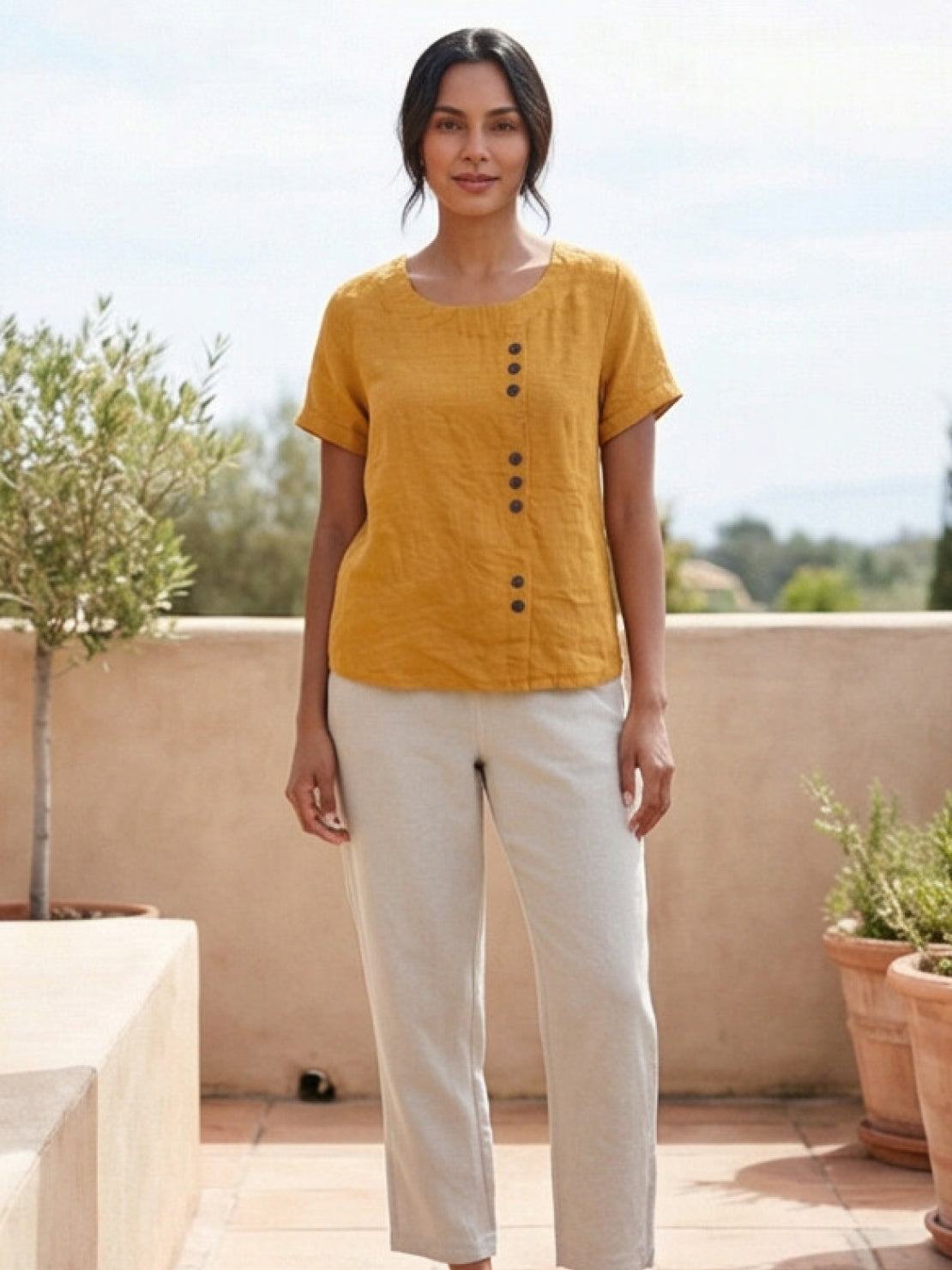 Foreen™ | Women's Casual Scoop Neck Button Detail Short Sleeve Top