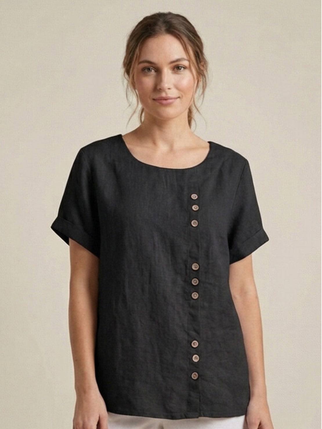 Foreen™ | Women's Casual Scoop Neck Button Detail Short Sleeve Top