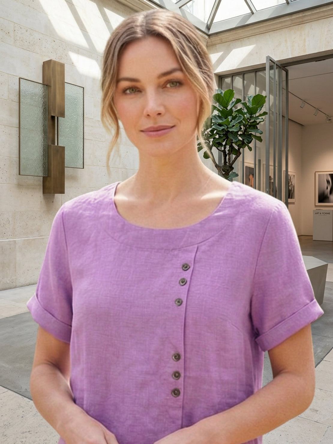 Foreen™ | Women's Casual Scoop Neck Button Detail Short Sleeve Top