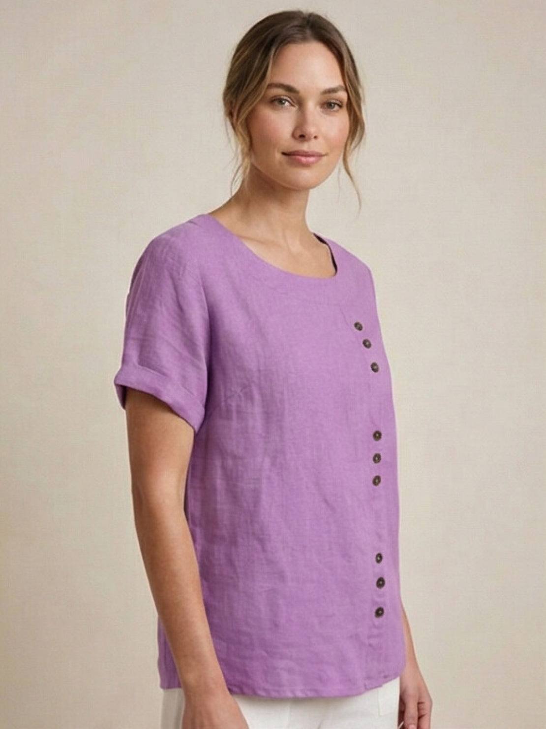 Foreen™ | Women's Casual Scoop Neck Button Detail Short Sleeve Top