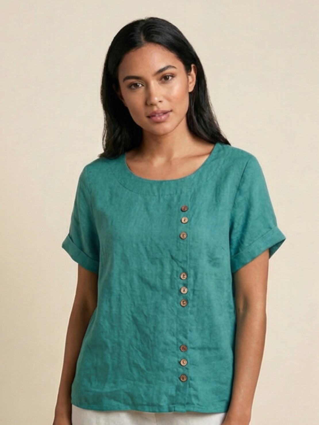 Foreen™ | Women's Casual Scoop Neck Button Detail Short Sleeve Top