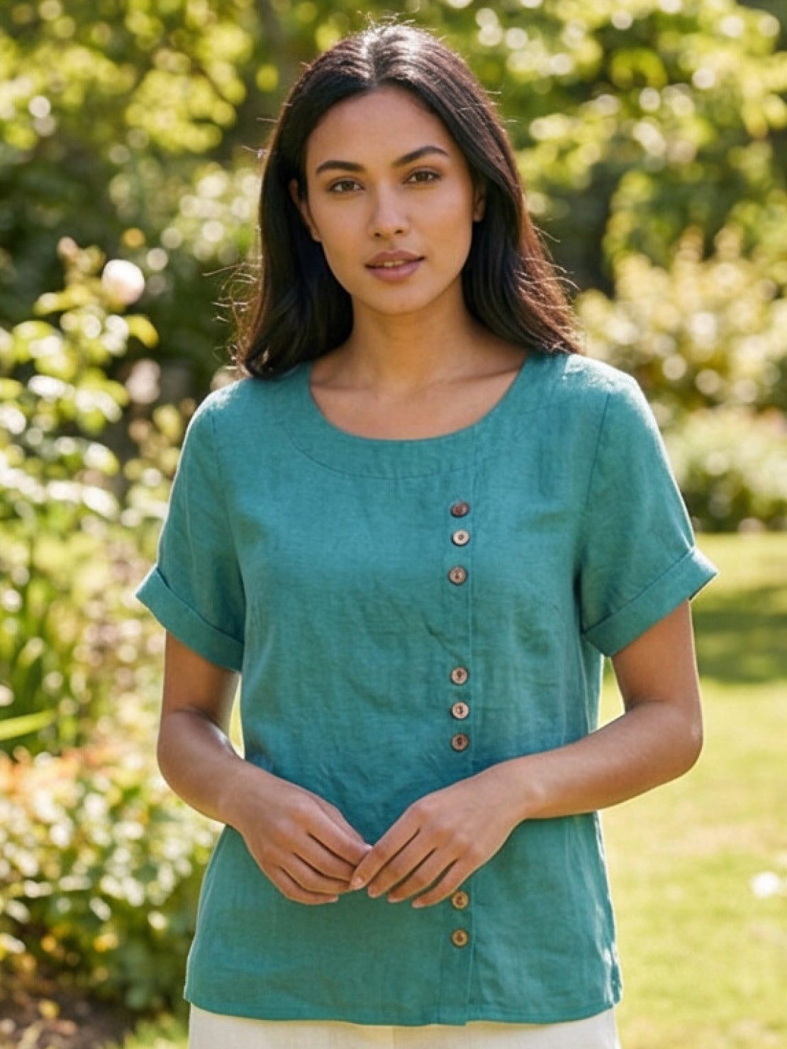 Foreen™ | Women's Casual Scoop Neck Button Detail Short Sleeve Top