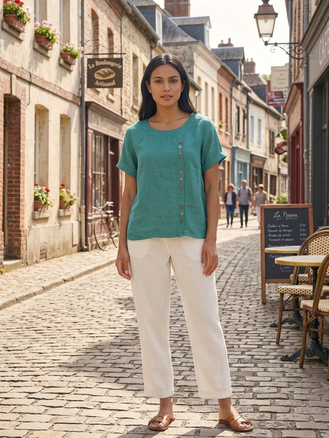 Foreen™ | Women's Casual Scoop Neck Button Detail Short Sleeve Top