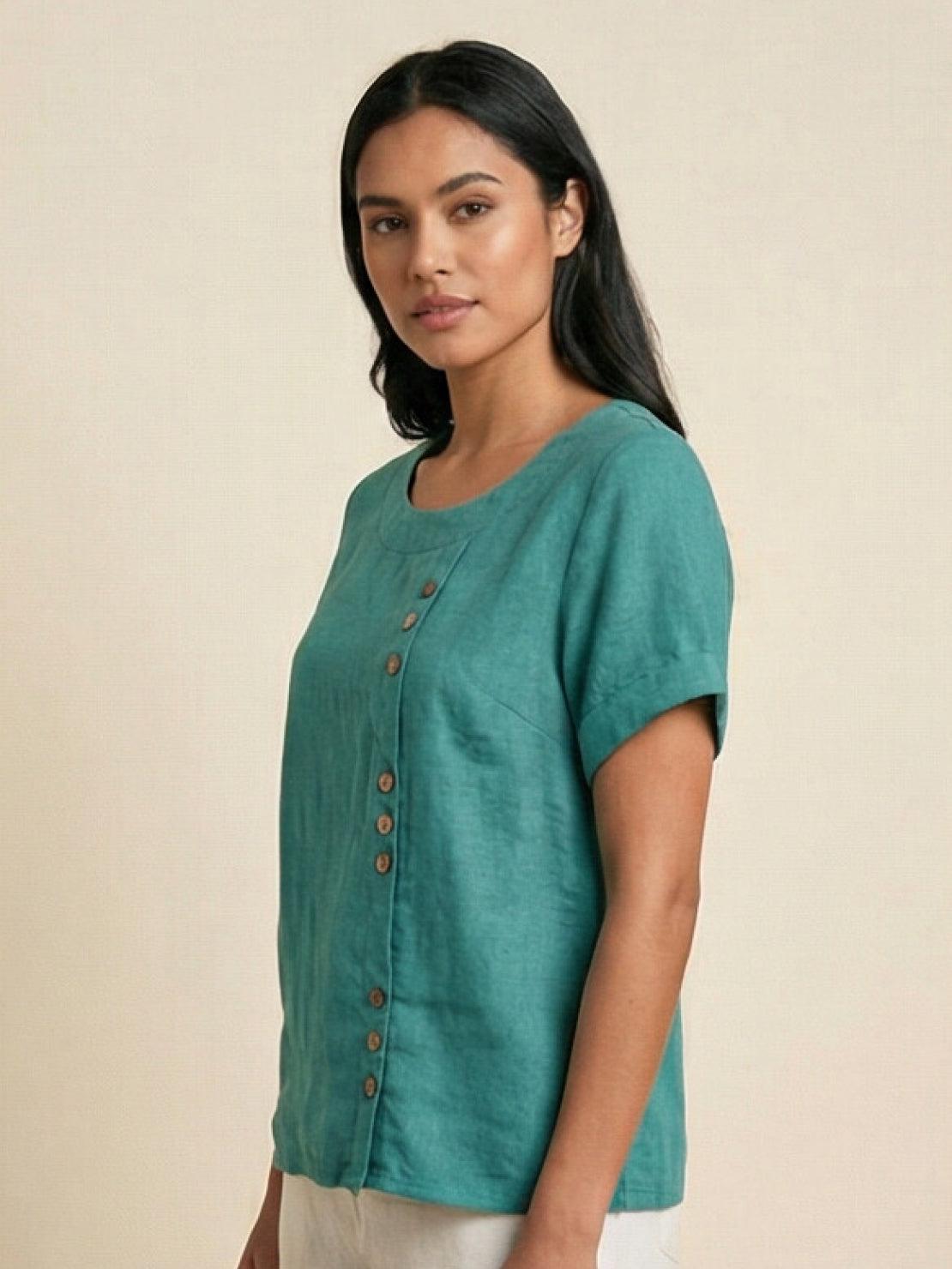Foreen™ | Women's Casual Scoop Neck Button Detail Short Sleeve Top