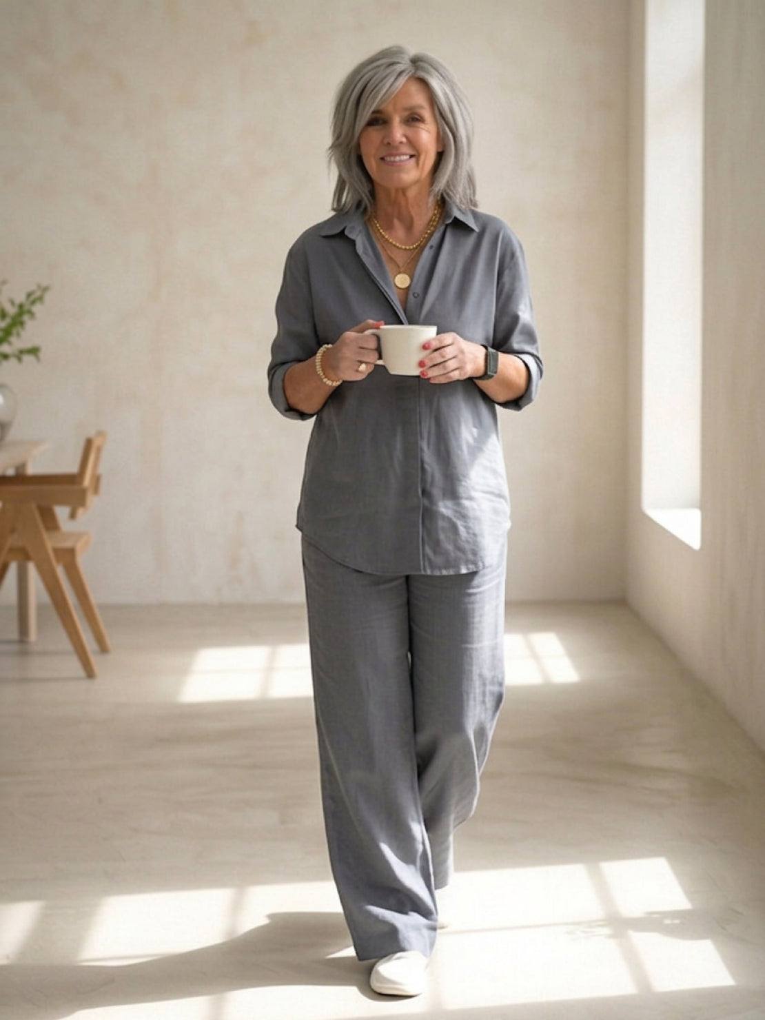 Vivian™ | Women's Casual Button-Down Shirt and Wide-Leg Pants Set